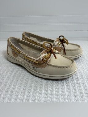 Sperry Top Sider Angelfish Ivory Tan Leather Boat Shoes Mesh Anchors Women's 7M